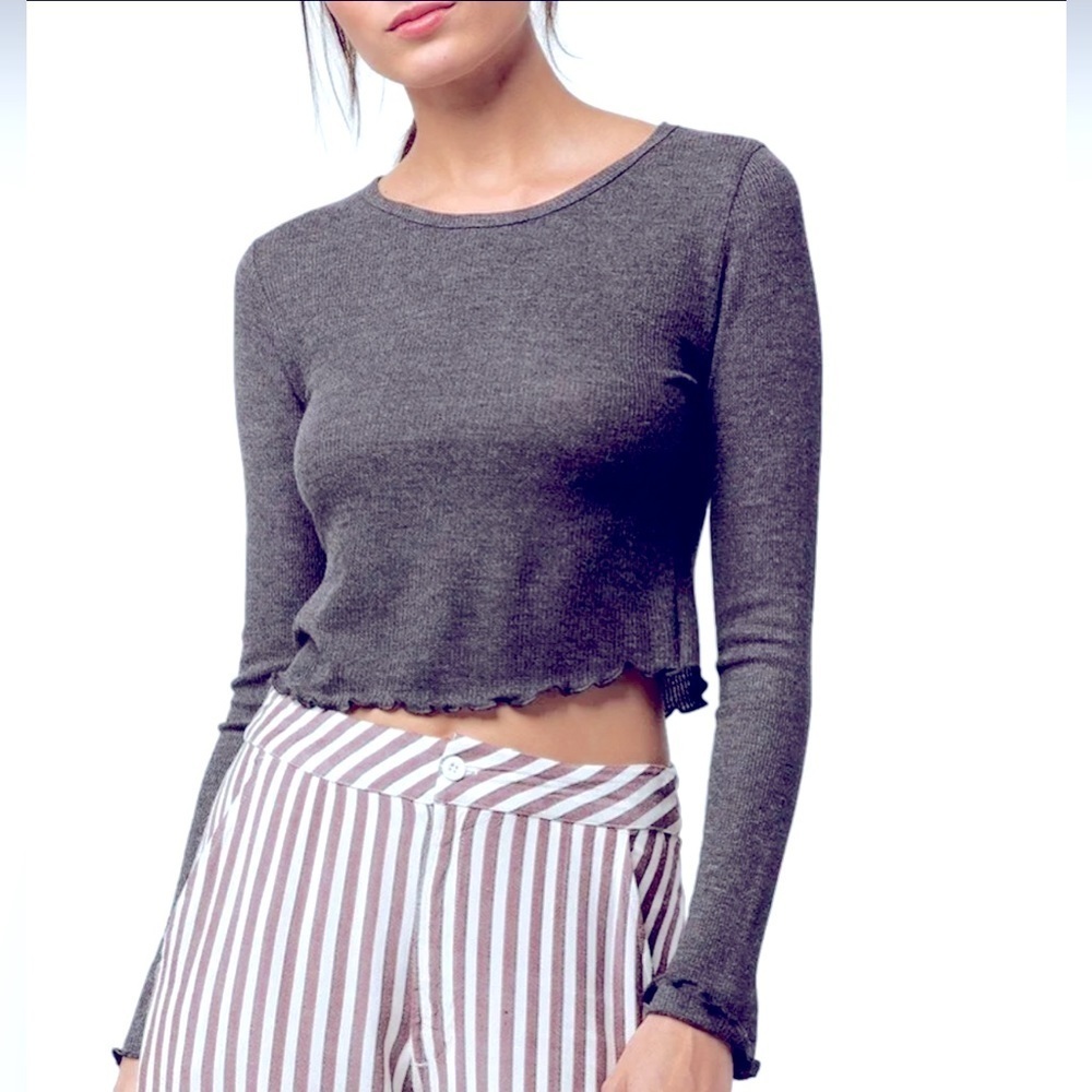 Bozzolo Womens Thermal Crop Top Waffle Knit Long Sleeve Size L Gray NWT